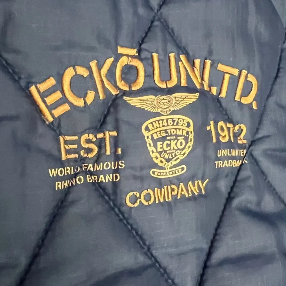 🔥🔥 Vintage‎ Y2K ECKO UNLTD. Quilted Puffer Bomber Jacket - Navy Blue/Gold - Sz